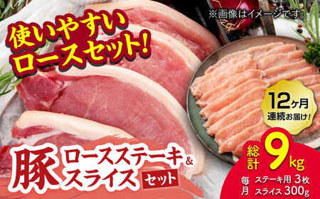 【12回定期便】豚ロースステーキ＆スライスセット 約750g（ステーキ用 約150g×3枚・スライス 約300g×1pc）【吉里精肉】[ZEW101]