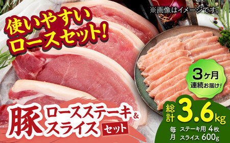 【3回定期便】豚ロースステーキ＆スライスセット 約1.2kg（ステーキ用 約150g×4枚・スライス 約300g×2pc）【吉里精肉】[ZEW102]