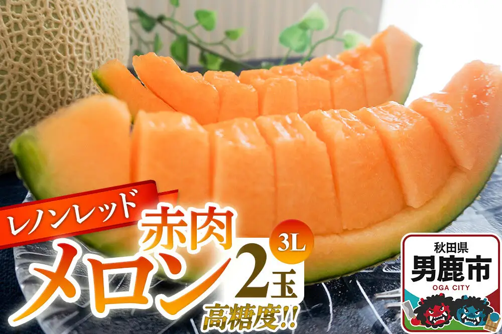 R8年度産 先行受付 メロン3L（1.3キロ前後）×2玉（レノンレッド）秋田県 男鹿市