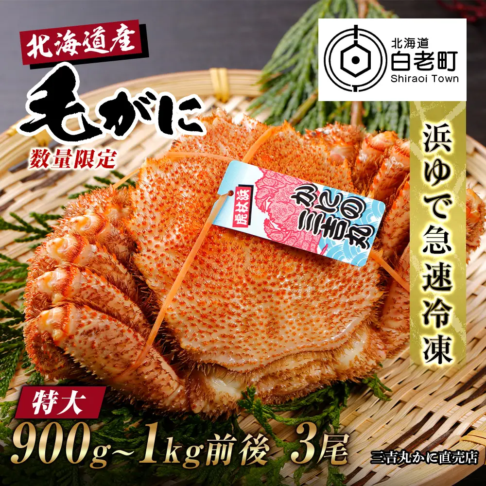 【特大】北海道産 冷凍ボイル毛ガニ (900g-1kg前後) 3尾 AS121