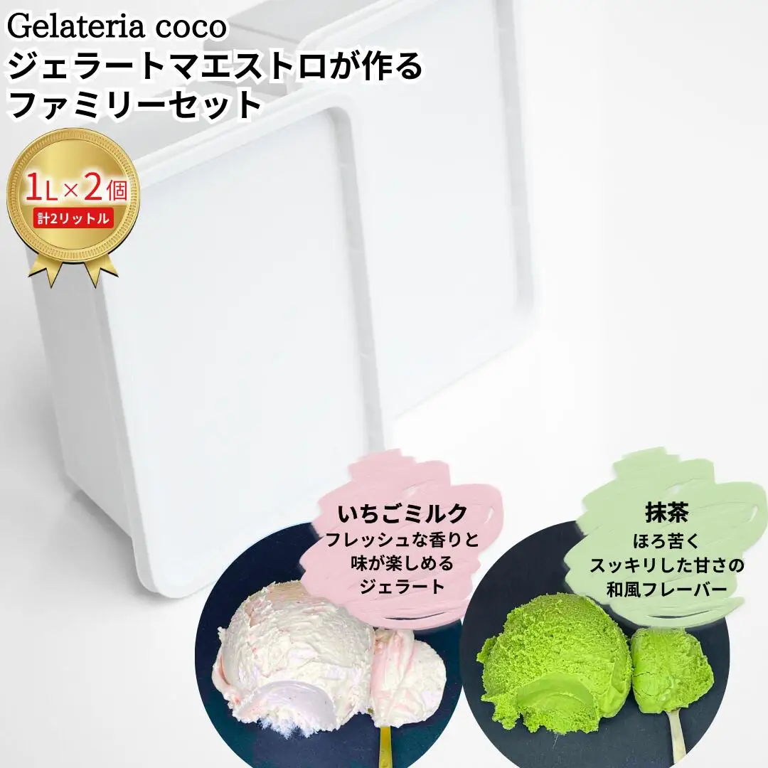 ジェラートマエストロが作るファミリーセット 1L×2 合計2L[いちごミルク・抹茶] ジェラート アイス 大容量 ファミリーパック 添加物不使用  [Gelateria coco]【017S104】