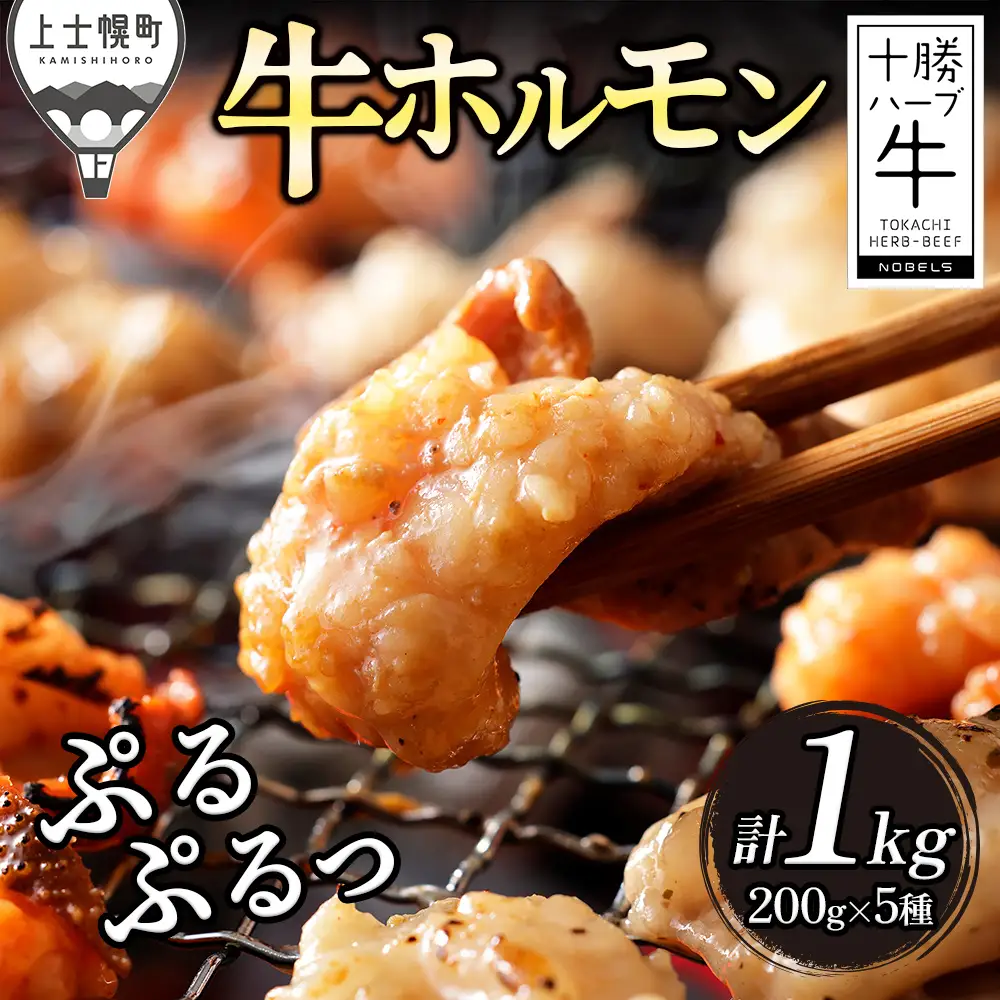 十勝ハーブ牛 国産 ホルモン ミックス 計1kg 味付き 小分け 個包装 200g×5種 ぷるぷる とろとろ 国産 北海道 牛 肉 牛肉 焼肉 キャンプ アウトドア バーベキュー BBQ 冷凍