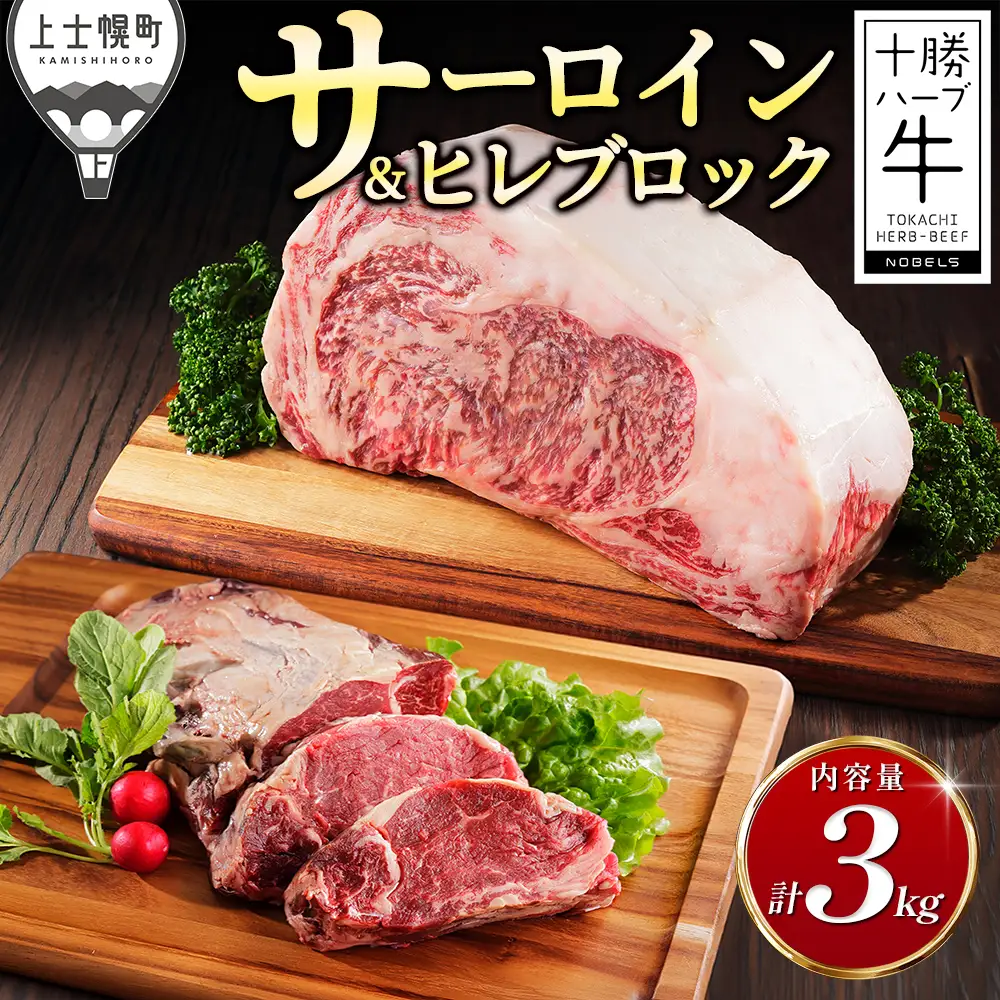 十勝ハーブ牛 サーロイン ヒレ ブロック セット 計3kg 北海道産 牛肉 赤身 国産 フィレ キャンプ アウトドア バーベキュー BBQ