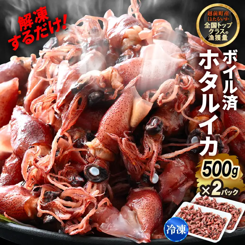 解凍するだけ ! 越前町産 ボイル済 ホタルイカ 計1kg（500g × 2P） 急速凍結 冷凍 ほたるいか 全国トップクラスの漁獲量【茹で ボイル 日本海 いか イカ 烏賊 福井県 魚介 海鮮 惣菜 さかな おつまみ 酒の肴 お取り寄せ グルメ 宅飲み 小分け 日常使い 1万円以下 買い回り】 [e15-a053]