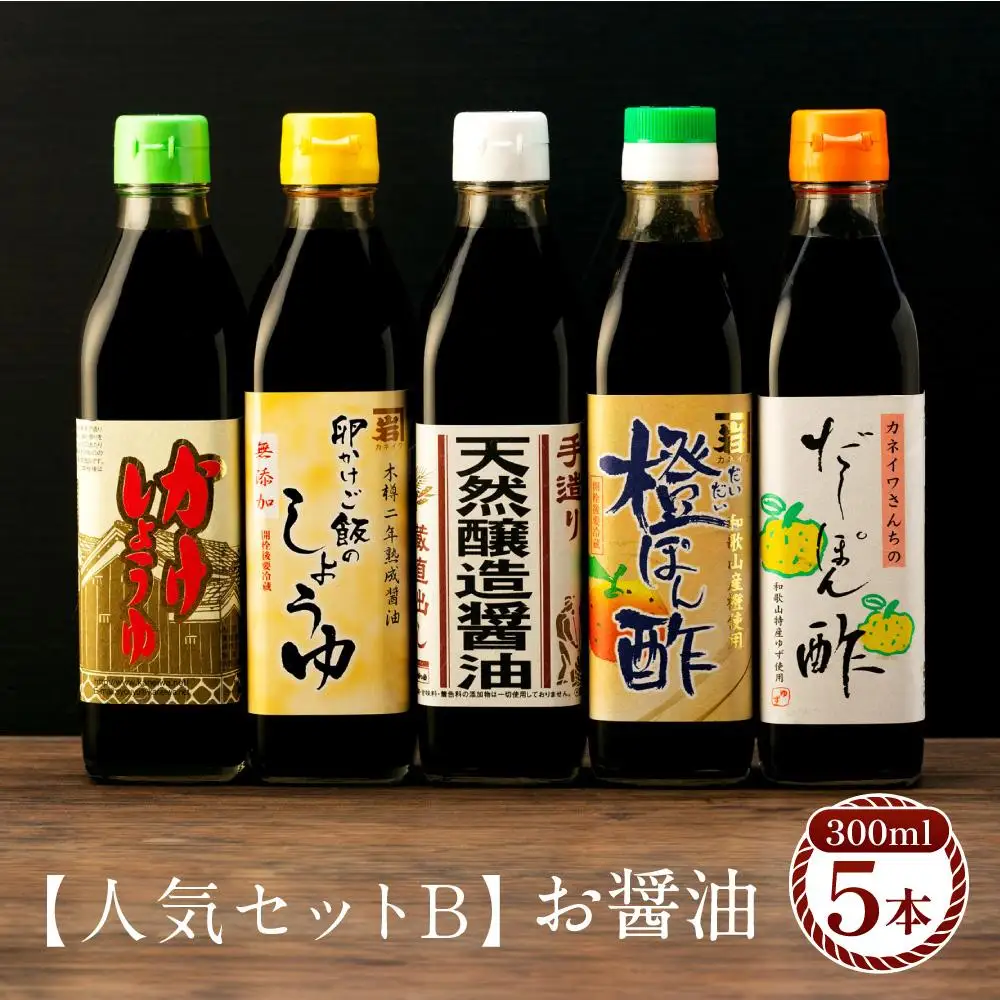 【人気セットB】カネイワ醤油本店 国産原料でつくる木桶二年熟成のお醤油   お醤油300ｍｌ5本セット