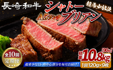 【全10回定期便】長崎和牛A5等級 シャトーブリアン 120g×9枚 総量90枚 10.8kg 【田中精肉店】シャトーブリアン ヒレ フィレ ステーキ 赤身 和牛 黒毛和牛 牛肉 希少部位