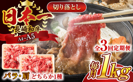 【全3回定期便】【A4~A5】長崎和牛切り落とし　1kg(500g×2p）【株式会社 MEAT PLUS】[QBS048]