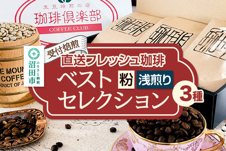 《受付焙煎》直送フレッシュ珈琲 ベストセレクション【粉／浅煎り】各200g×3種 計600g 珈琲倶楽部 沼田店