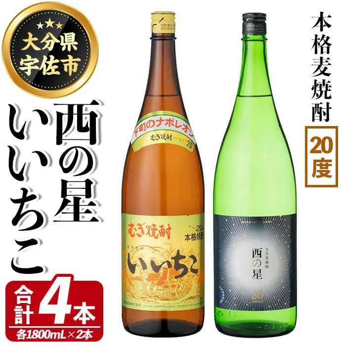 いいちこ 西の星 ビン 20度(合計4本・1800ml×各2本)酒 お酒 焼酎 麦焼酎 アルコール 飲み比べ セット 詰め合わせ 詰合せ 三和酒類【114002600】【一般社団法人　地域商社USA】