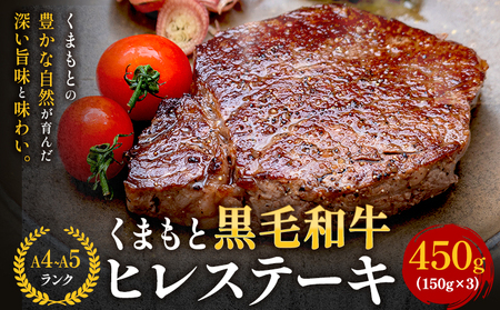  【A4～A5】くまもと黒毛和牛 ヒレステーキ 450g (150g×3枚) 《30日以内に出荷予定(土日祝除く)》 牛肉 くまもと黒毛和牛 黒毛和牛 冷凍庫