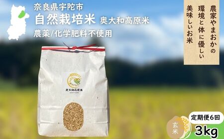 【定期便6回】自然栽培米 玄米 ＜令和7年産 3kg＞ ／ ふるさと納税 無農薬 米 お米 一等米 こめ コメ 国産 新米 玄米 農家やまおか 奈良県 宇陀市 農家山岡
