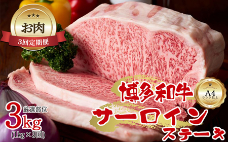 【お肉定期便】大容量！博多和牛サーロインステーキ3回定期便（1kg×3回）計3kg[H0099T3]