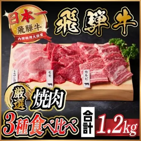 飛騨牛　焼肉厳選3種食べ比べセット(カルビ・トモサンカク・モモ)　約1.2kg 黒毛和牛 A4～A5_肉 焼肉 牛肉 やきにく ヤキニク バーベキュー_【配送不可地域：離島】【1531176】