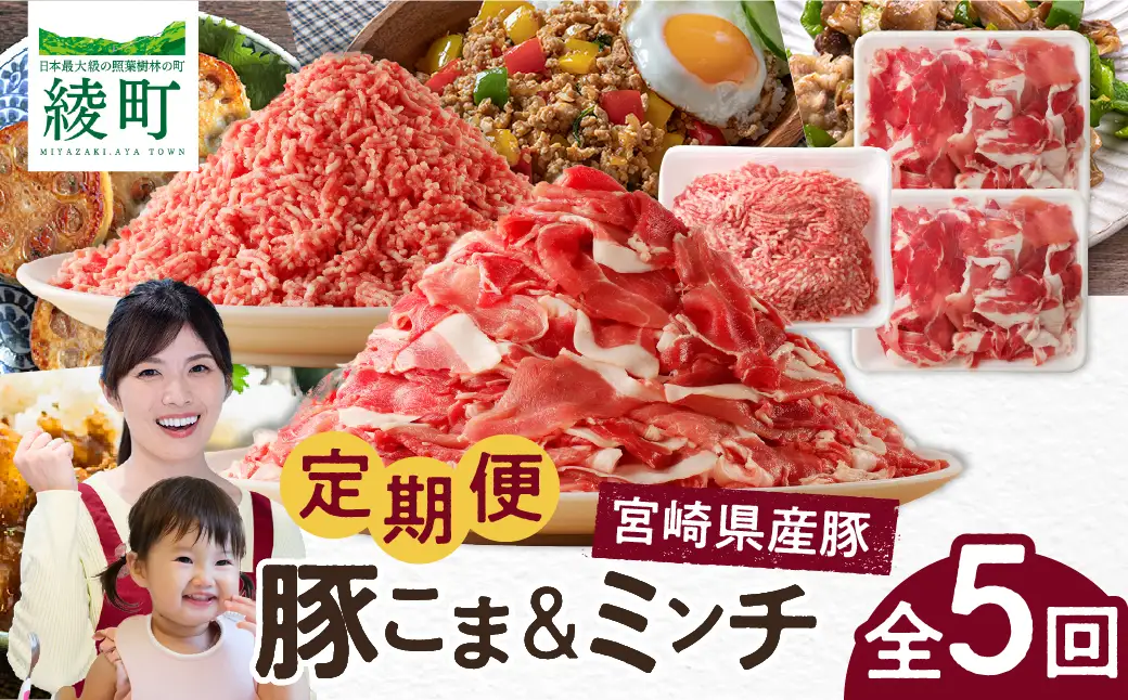 綾町産 豚こま＆ミンチ1.5kg【全5回定期便】_0023-009