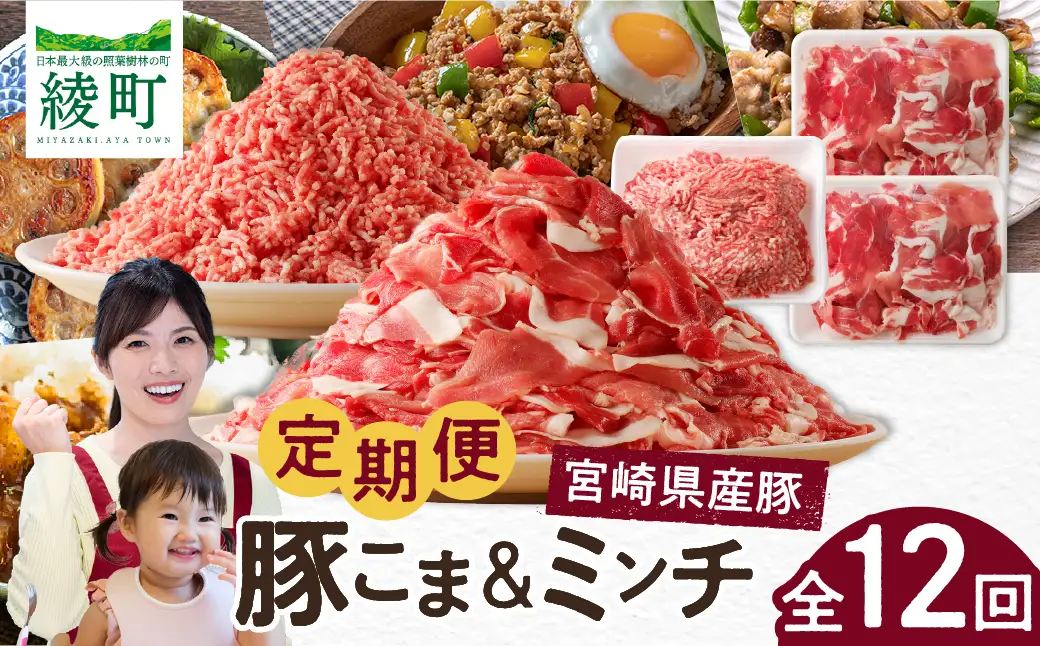 綾町産 豚こま＆ミンチ1.5kg【全12回定期便】_0023-011