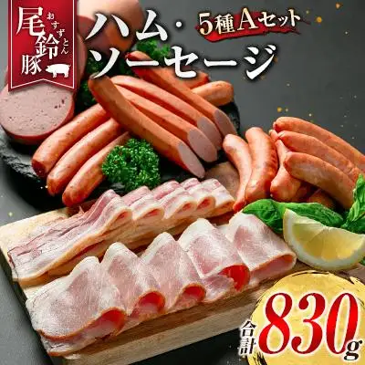 【PREMIUM PORK】 尾鈴豚 ハム ソーセージ 詰め合わせ 合計830g 5種 Aセット 宮崎県産