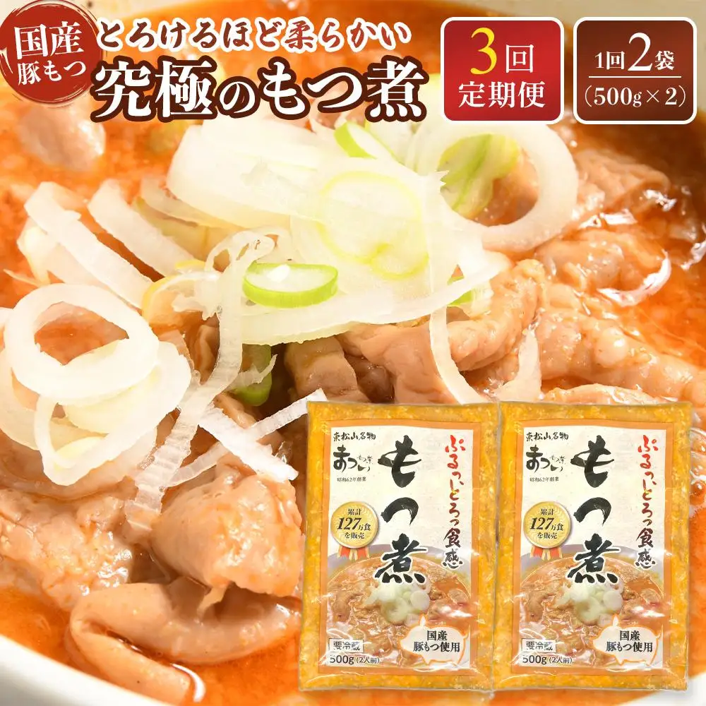【定期便３カ月】国産豚もつ使用！とろけるほど柔らかい究極のもつ煮  500g×2袋