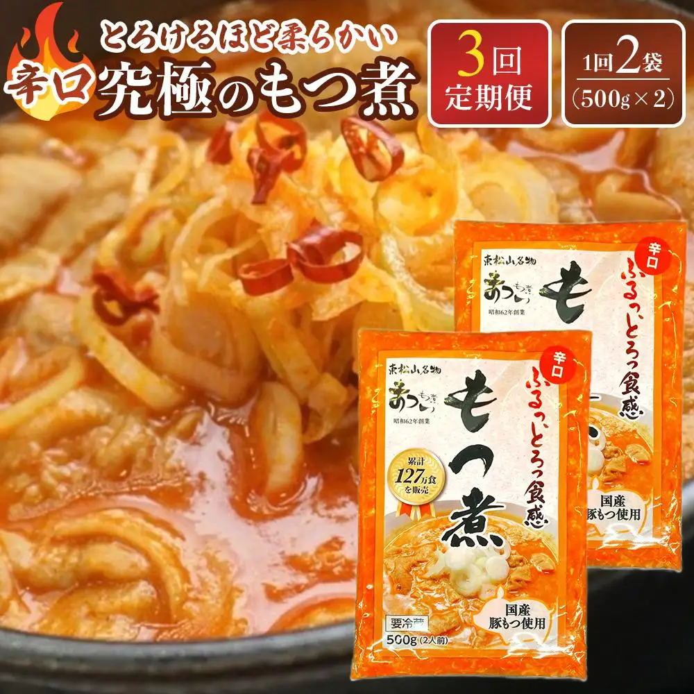 【定期便３カ月】国産豚もつ使用！とろけるほど柔らかい究極のもつ煮 辛口 500g×2袋