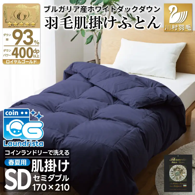 【春夏用】洗える羽毛布団 セミダブル 肌掛け ダウン 夏 春 ホワイトダックダウン 93% 0.4kg ネイビー [川村羽毛 山梨県 韮崎市 20743746]