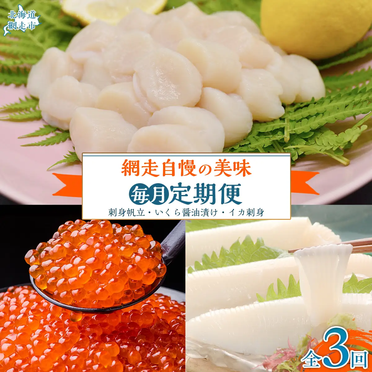 【毎月定期便】網走自慢の美味定期便(刺身帆立・いくら醤油漬け・イカ刺身)全3回 【 ホタテ ほたて 帆立 いくら イクラ いくら醤油漬 イクラ醤油漬 】 ABAO089