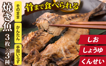 丸ごと骨まで食べられる焼き魚 3枚セット×3種（塩干し、醤油干し、燻製）［A-088024］/ 干物 干物