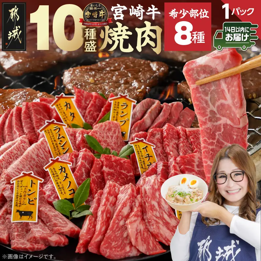 宮崎牛食べ比べ10種盛り焼肉セット≪みやこんじょ快速便≫〔17-31-003-600g-R〕_(都城市) 宮崎県産 宮崎牛 A4ランク 焼肉 セット 内モモ カタ トンビ ランプ ラムシン マルシン カメノコ イチボ マルカワ ミスジorトモサンカク 10種類 贈答用 14日以内にお届け