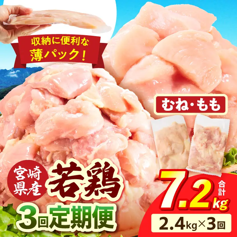 宮崎県産 若鶏切身 むね肉＆もも肉 2.4kg（各300g×4袋）【3か月定期便】_b0775_it_x2