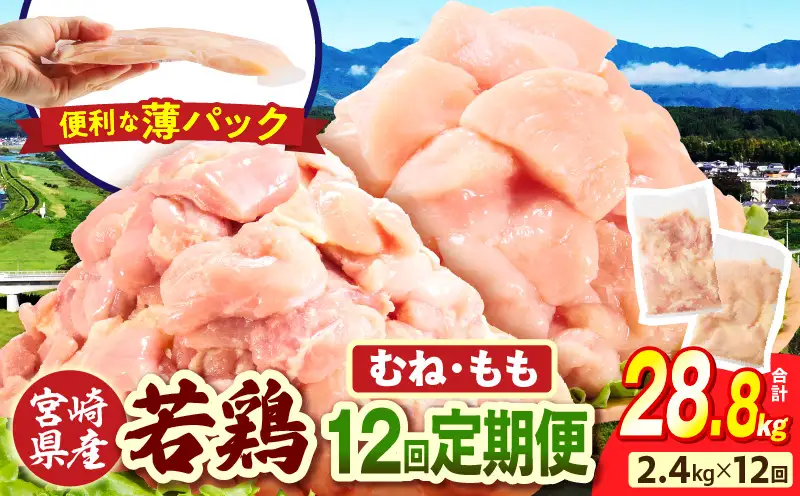 宮崎県産 若鶏切身 むね肉＆もも肉 2.4kg（各300g×4袋）【12か月定期便】_b0781_it_x2