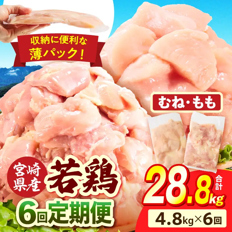 宮崎県産 若鶏切身 むね肉＆もも肉 4.8kg（各300g×8袋）【6か月定期便】_b0790_it_x2
