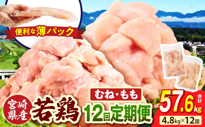 宮崎県産 若鶏切身 むね肉＆もも肉 4.8kg（各300g×8袋）【12か月定期便】_b0793_it_x2