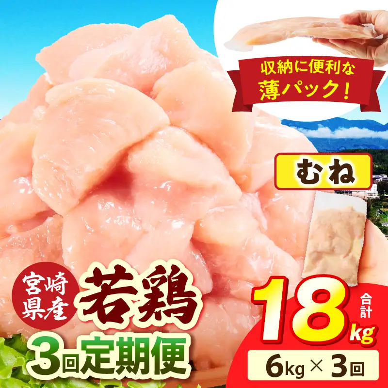 宮崎県産 若鶏切身 むね肉 6kg（300g×20袋）【3か月定期便】_b0797_it_x2