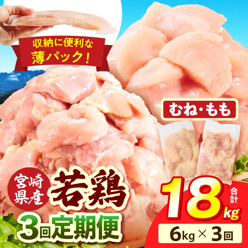 宮崎県産 若鶏切身 むね肉＆もも肉 6kg（各300g×10袋）【3か月定期便】_b0799_it_x2