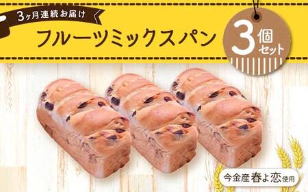 【3ヶ月連続お届け】今金産春よ恋使用！フルーツミックスパン3個セット 朝食 朝ご飯 朝ごはん トースト 食パン パン 食品 北海道 今金町 F21W-475