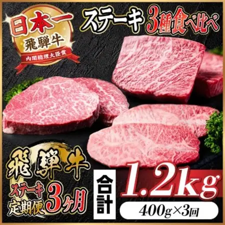 【毎月定期便】飛騨牛 ステーキ定期便 計約1.2kg【冷蔵便】全3回　A4～A5等級_肉 ステーキ 牛肉 ビーフステーキ  定期便 定期便  _【配送不可地域：離島】【4055330】