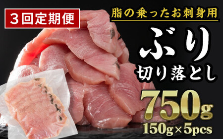 ブリ刺身 生食用 切り落し 【定期便3回】750gセット（150g × 5パック）3ケ月以内に初回お届け OB-33