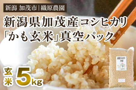 【令和7年産】【無農薬・無化学肥料】新潟産コシヒカリ「かも米」玄米5kg （5kg×1袋）真空パック