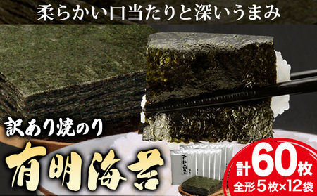海苔 訳あり 有明海苔 焼のり 有明海産 計60枚 (全形5枚×12袋) 送料無料 パリパリ 《30日以内に出荷予定(土日祝除く)》ご飯のお供 福岡県