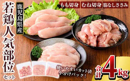 K-214-B 鹿児島県産 若鶏人気部位セット (合計4kgセット)【TRINITY】 霧島市 国産 小分け 冷凍 真空パック 鶏肉 鳥肉 詰め合わせ