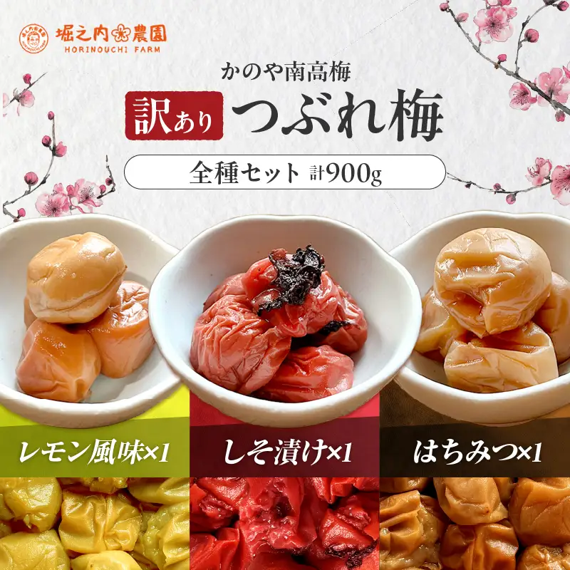2587 ＜訳あり＞ つぶれ梅 梅干し かのや南高梅 食べ比べ E  （はちみつ梅・しそ梅・レモン風味） 3種類 ×各3袋 KN033-007-02