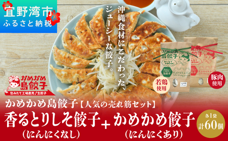 かめかめ島餃子の【人気の売れ筋セット】餃子60個 | 香るとりしそ餃子(若鶏・にんにくなし) かめかめ餃子(豚肉・にんにくあり) | 包みたて 工場直売 餃子 シママース やんばる若鶏 | 簡単調理 手軽 | 豚肉 鶏肉 出汁 しそ 沖縄 お取り寄せ グルメ