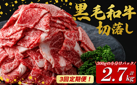 【定期便全3回】国産黒毛和牛切り落とし(計2.7kg) 牛肉 牛 切り落とし 切落し 小間切れ 小分け 真空パック 牛丼 カレー 肉じゃが 炒めもの 真空パック 黒毛和牛 定期便 t0036-007