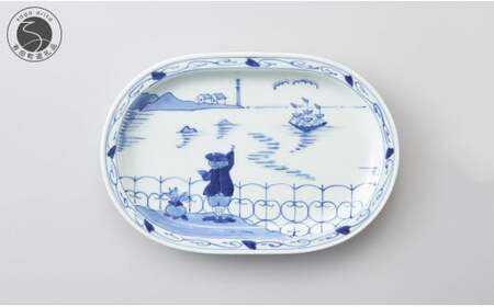 有田焼 しん窯 青花 後姿小判プレート【小島芳栄堂】食器 うつわ 器 手描き オーバル A22-31