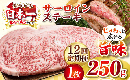 【全12回定期便】【A4～A5ランク】長崎和牛 サーロインステーキ 250g（250g×1枚）《壱岐市》【株式会社MEAT PLUS】 肉 牛肉 黒毛和牛 サーロイン ステーキ ご褒美 ギフト 贈答用 ご褒美 冷凍配送 A4 A5 [JGH126]