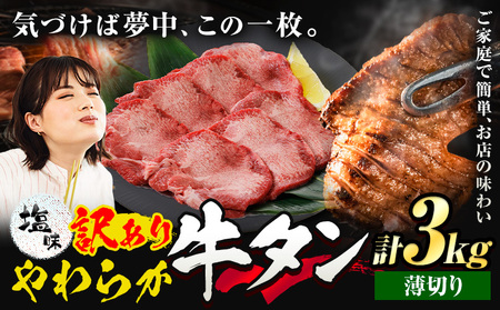牛タン 薄切り 塩味 3kg  焼肉 訳あり 牛タン