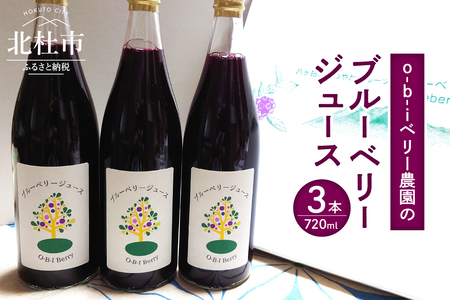 O-B-Iベリー農園のブルーベリージュース　720ml×3本 ブルーベリージュース 果汁飲料 ハイブッシュ ラビットアイ ブレンド 完熟 果物 ジュース 数量限定 ギフト 贈り物 山梨県 北杜市産 [h185]
