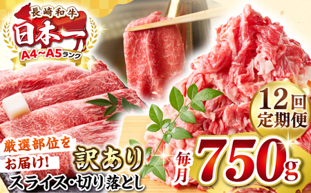 【全12回定期便】【訳あり】【A4～A5ランク】 長崎和牛 しゃぶしゃぶ・すき焼きセット 750g《壱岐市》【株式会社MEAT PLUS】　肉 牛肉 黒毛和牛 鍋 冷凍配送 訳あり 切り落とし しゃぶしゃぶ用 すき焼用 A4 A5 [JGH106]