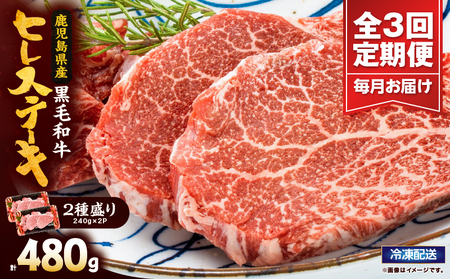 2623 【 全3回 定期便 】4等級以上 鹿児島県産 黒毛和牛 ヒレステーキ 2種盛り 480g×3回 KN101-T01 肉 牛肉
