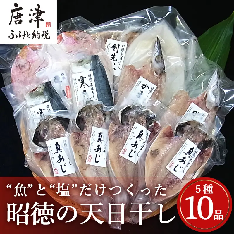 昭徳の天日干し 1枚60g~180g全10枚でお届けします 真あじ開き60g×4枚 真さば片身90g×2枚 かます開き80g×2枚 連子鯛開き180g×1枚 剣先いか開き70g×1枚 おかず ギフト