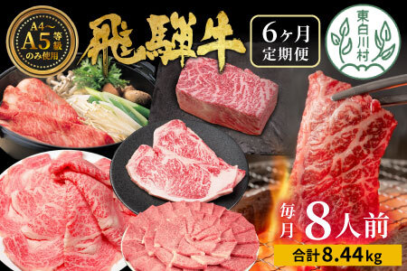 飛騨牛 定期便 全6回 約8.44kg 8人前 すき焼き しゃぶしゃぶ ステーキ 焼肉 BBQ ロース カタロース ロースステーキ モモ カタ 贅沢 贈り物 6ヶ月 定期 おすすめ 選べる 人気 飛騨 ブランド牛 肉のひぐち