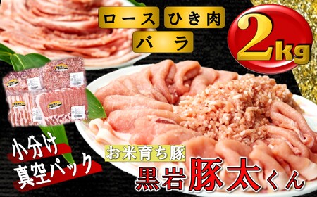 豚肉 2kg セット（ロース・バラ・ひき肉）500g 黒岩豚太くんⅡ小分け 真空パック D0580 （くろいわ産地直売所 ） しゃぶしゃぶ 焼肉 ハンバーグ　ギフト 栄養豊富 ビタミンB 四元豚 希少豚 お米育ち豚 
